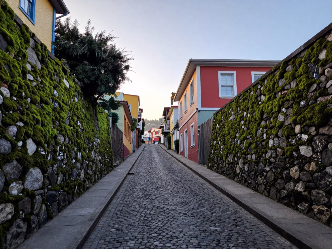 Early Morning Street Scene in Valparaiso Chile with Mossy Stone Walls and Local Life in in Valparaiso, Chile