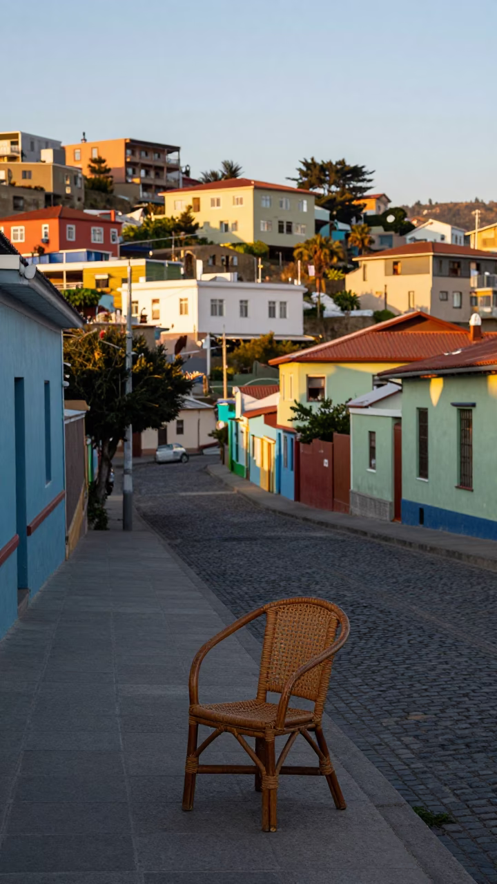 Early Morning Street Scene in Valparaiso Chile with Rattan Chair and Lockbox in in Valparaiso, Chile