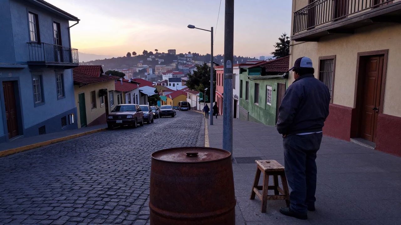 Early Morning Street Scene in Valparaiso Chile with Rusty Bucket and Stool in in Valparaiso, Chile