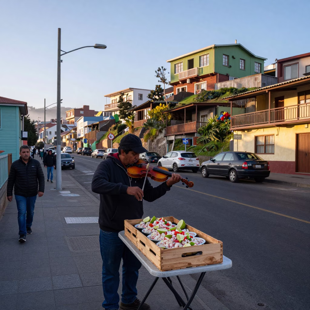 Early Morning Street Scene in Valparaiso Chile with Violin and Ceviche in in Valparaiso, Chile