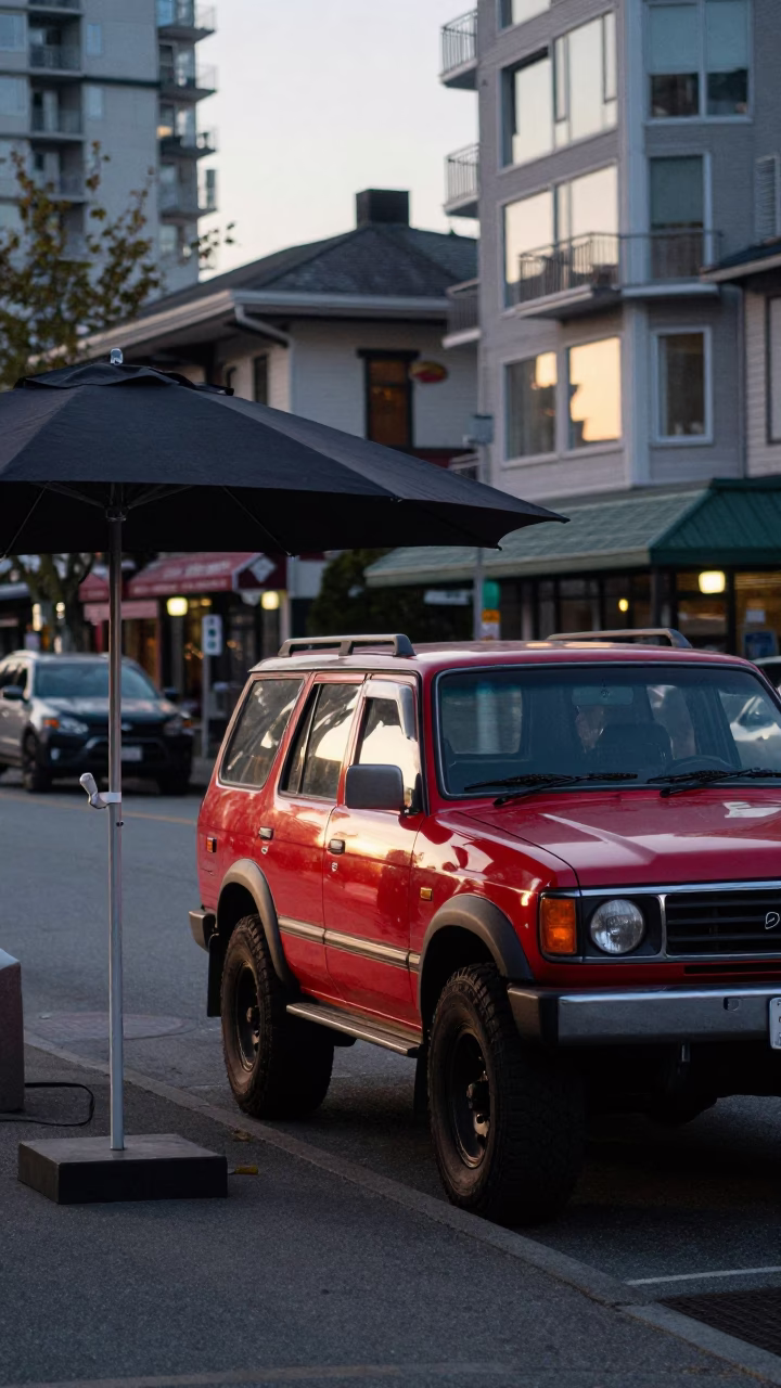 Early Morning Street Scene in Vancouver British Columbia with Umbrella Stand and Vintage SUV in in Vancouver, British Columbia, Canada