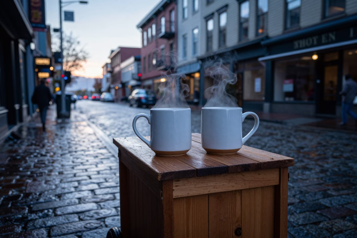 Early morning street scene in Vancouver with ceramic mugs and woven mats in in Vancouver, British Columbia, Canada