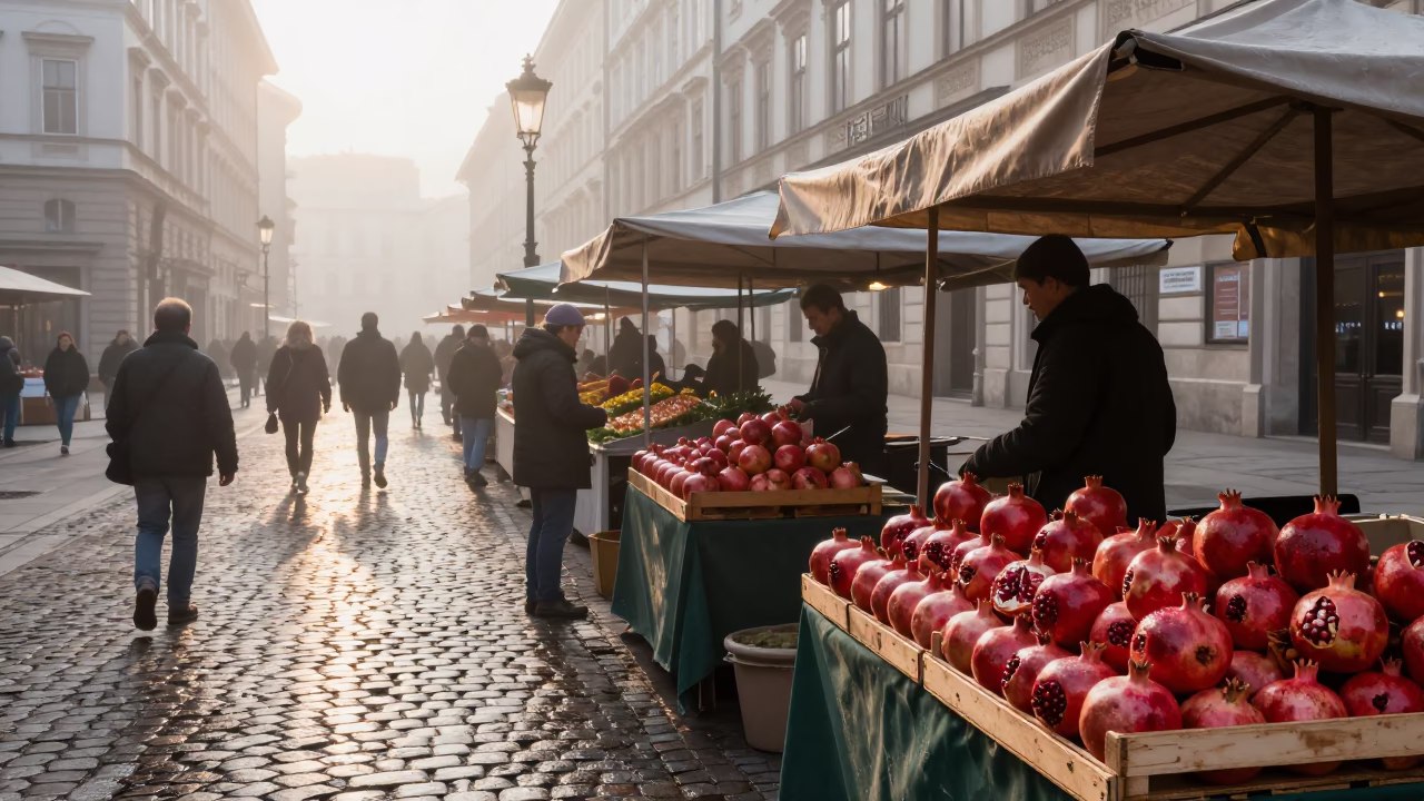 Early Morning Street Scene in Vienna Austria with Local Market Stalls and Fresh Produce in in Vienna, Austria