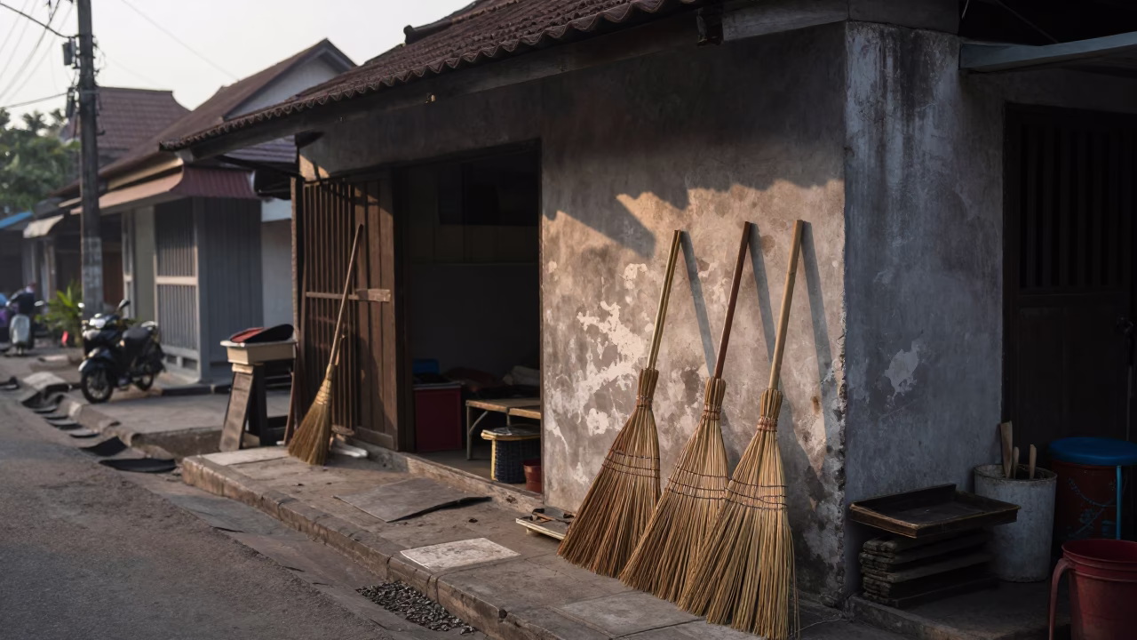 Early Morning Street Scene in Yogyakarta Indonesia with Brooms and Local Life in in Yogyakarta, Indonesia
