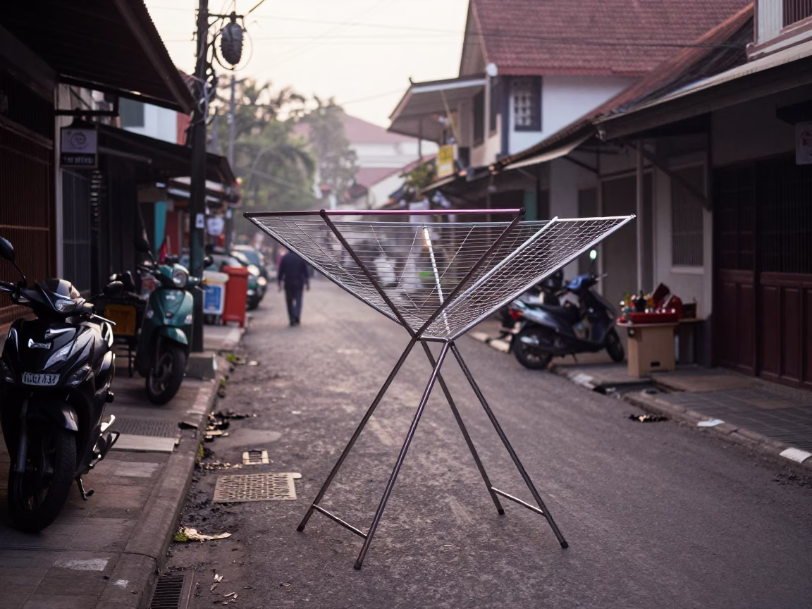 Early Morning Street Scene in Yogyakarta Indonesia with Drying Rack and Local Life in in Yogyakarta, Indonesia