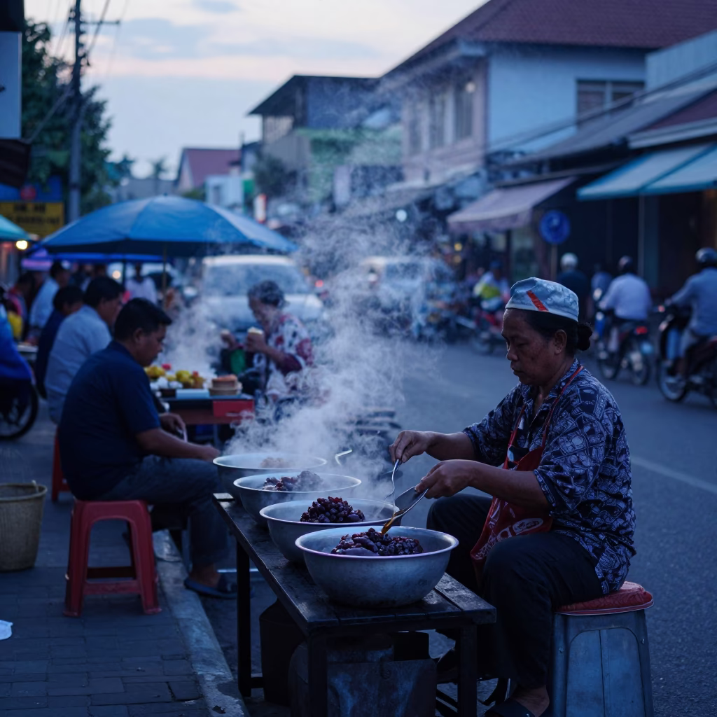 Early Morning Street Scene in Yogyakarta Indonesia with Local Breakfast Vendor and Thermos in in Yogyakarta, Indonesia