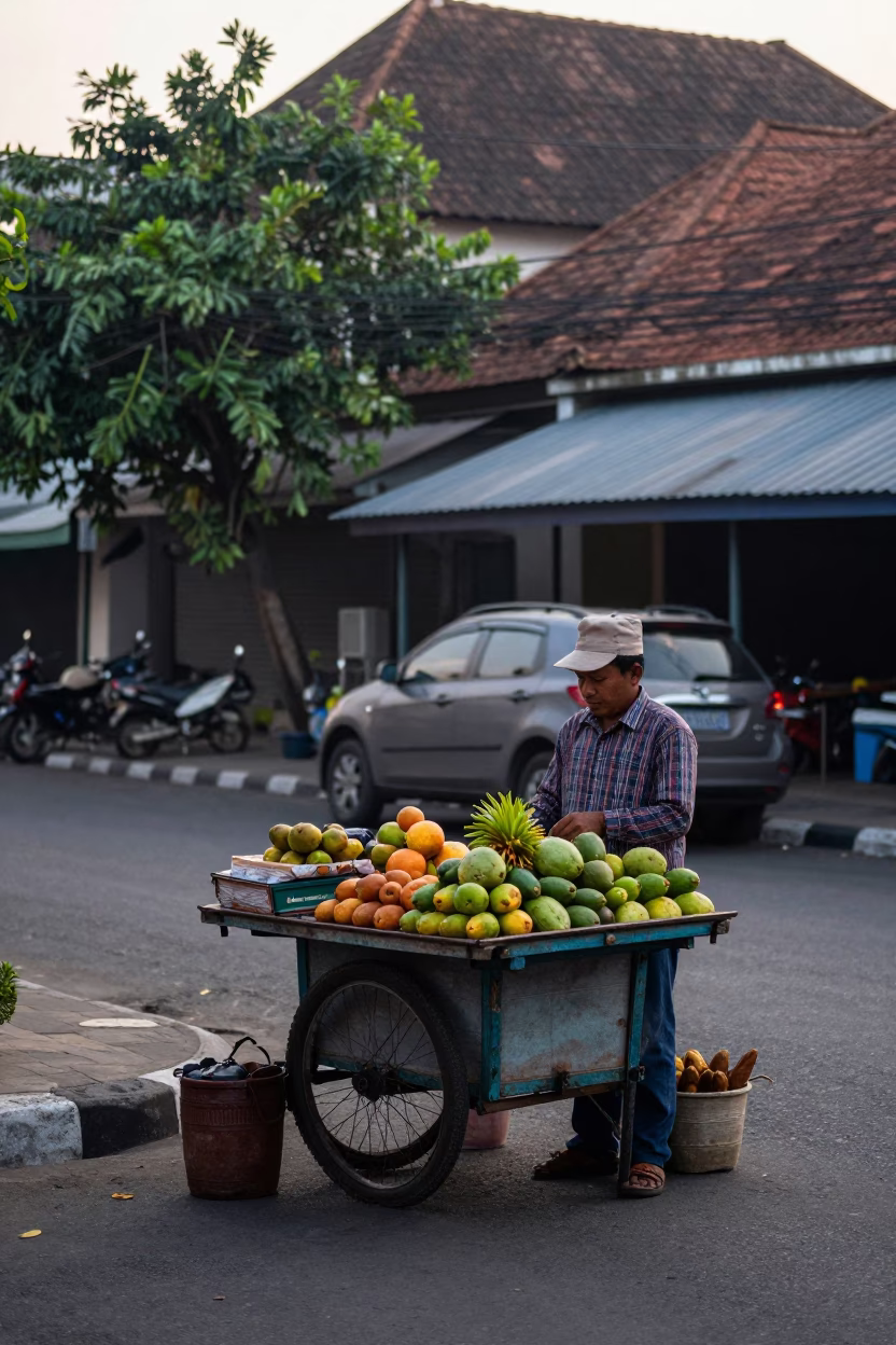 Early Morning Street Scene in Yogyakarta Indonesia with Local Vendor and Paperweight in in Yogyakarta, Indonesia