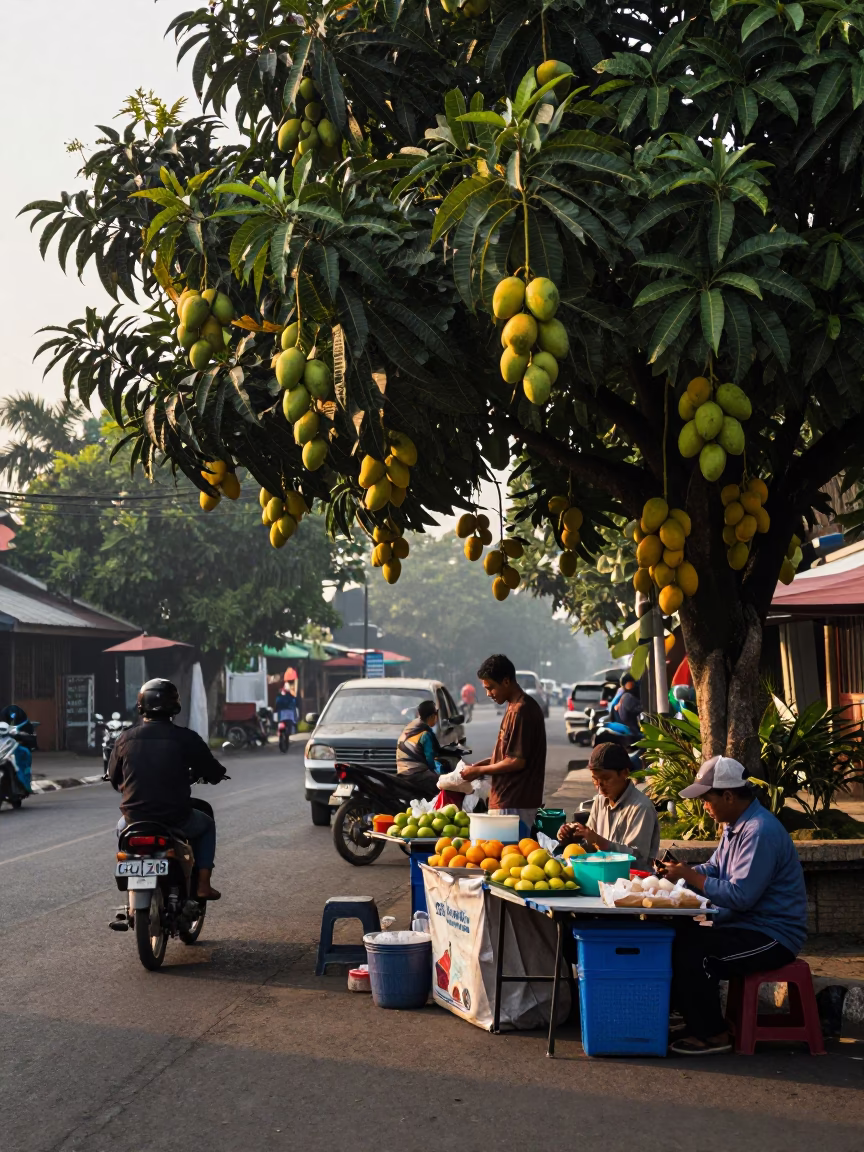 Early Morning Street Scene in Yogyakarta Indonesia with Local Vendors and Mango Trees in in Yogyakarta, Indonesia