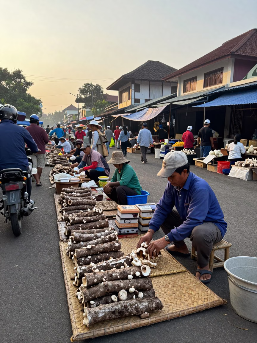 Early Morning Street Scene in Yogyakarta Indonesia with Traditional Market Activity in in Yogyakarta, Indonesia