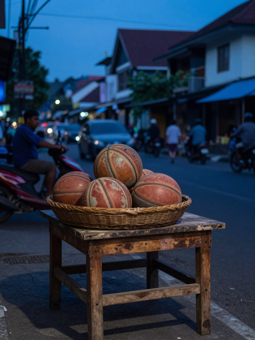 Early Morning Street Scene in Yogyakarta Indonesia with Worn Wood and Leather Goods in in Yogyakarta, Indonesia