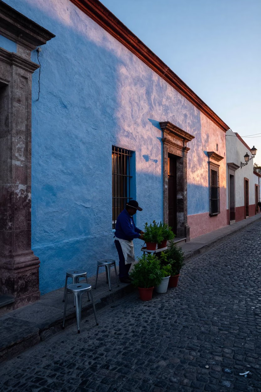 Early morning street scene with metal stools and potted herbs in Oaxaca in in Oaxaca, Mexico