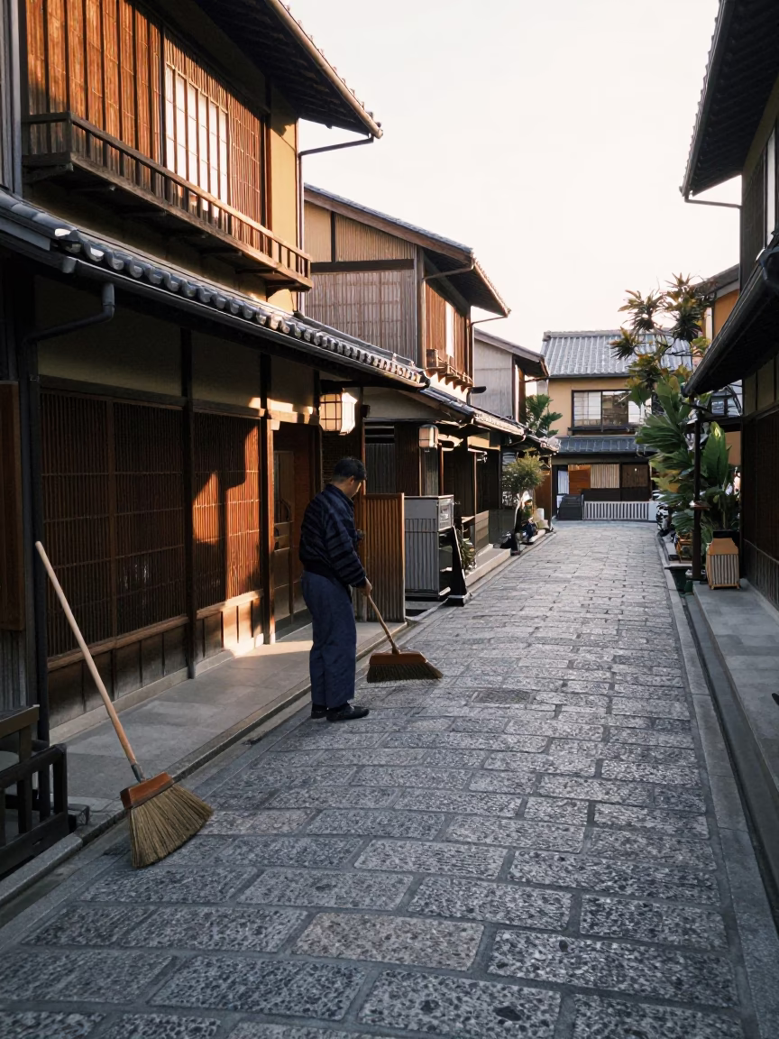 Early Morning Street Sweep in Kyoto Japan with Brooms and Traditional Architecture in in Kyoto, Japan