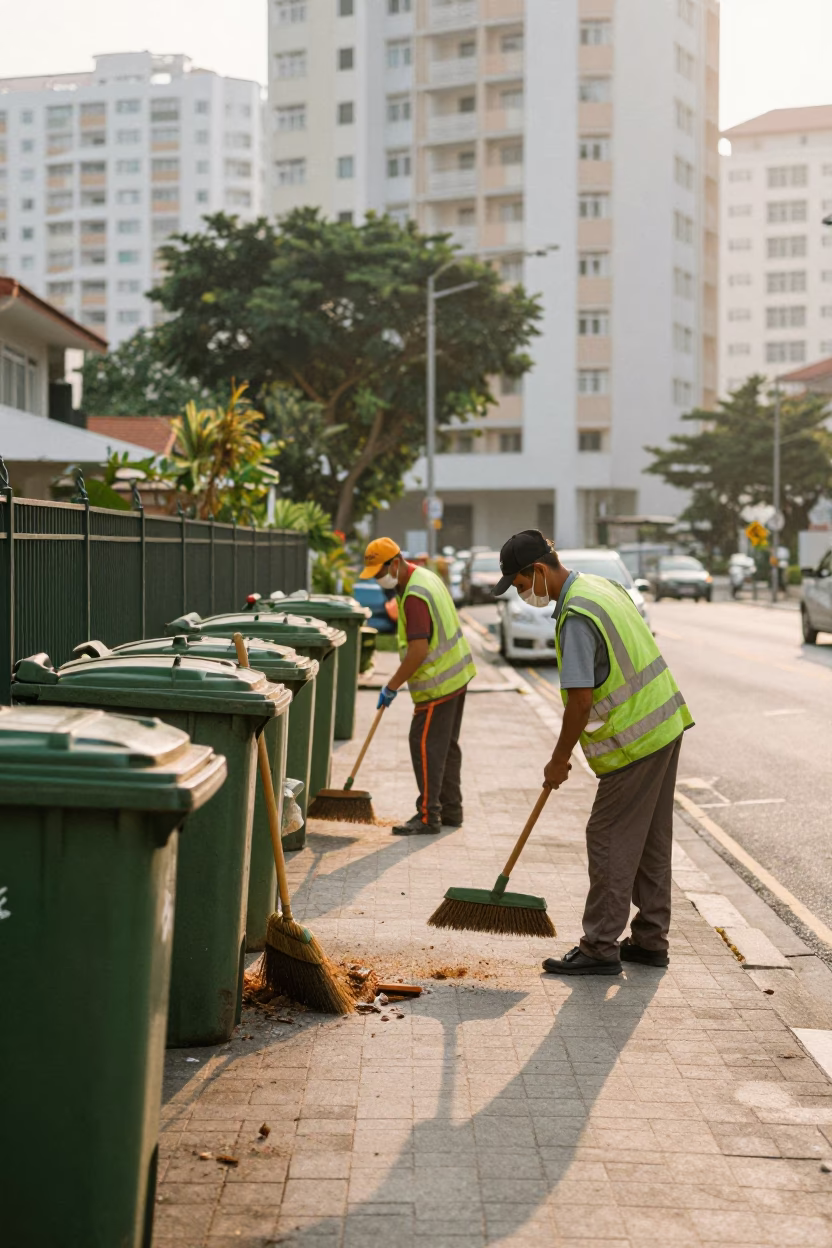 Early Morning Street Sweepers Cleaning Singapore Neighborhood With Brooms And Bins in in Singapore, Singapore