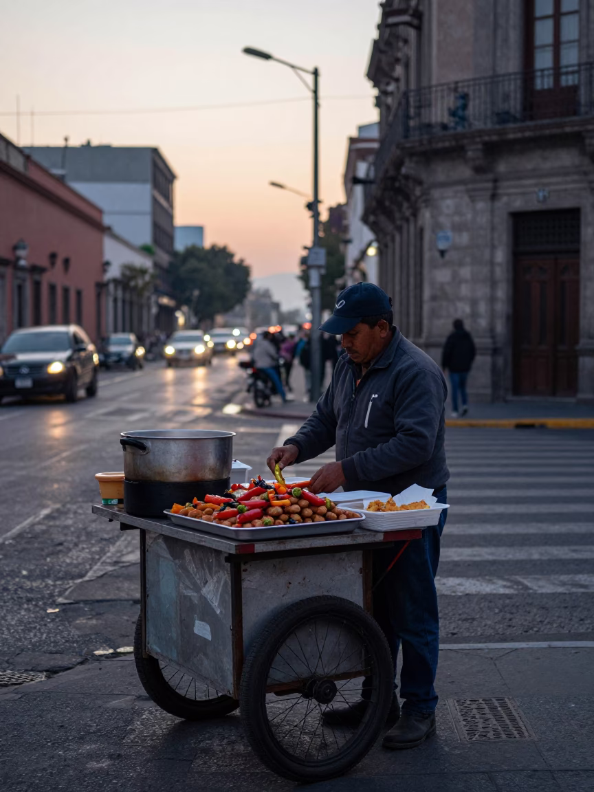 Early Morning Street Vendor Breakfast Scene in Mexico City Before Sunrise in in Mexico City, Mexico