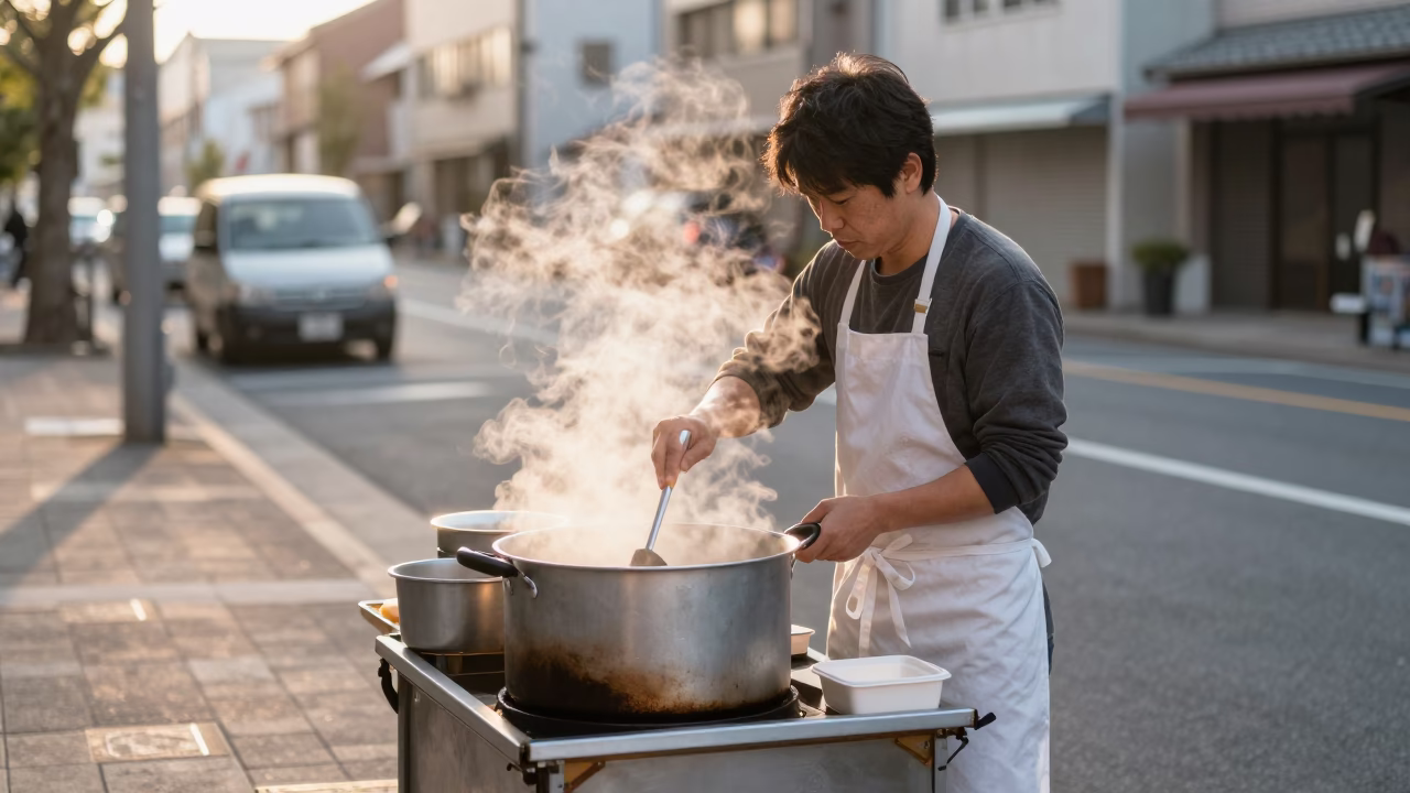 Early Morning Street Vendor Cooking Breakfast in Fukuoka Japan After Sunrise in in Fukuoka, Japan