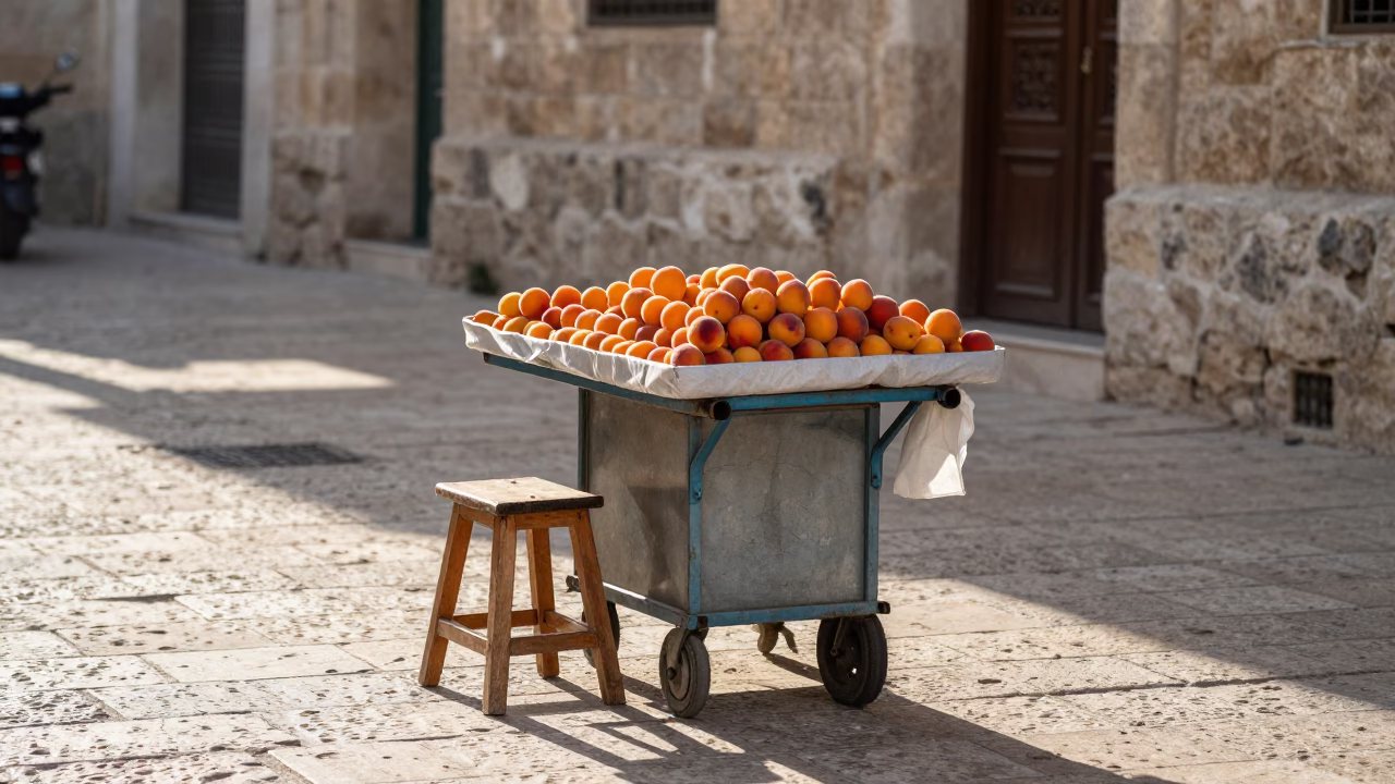 Early Morning Street Vendor in Amman Jordan with Apricots and Work Stool in in Amman, Jordan