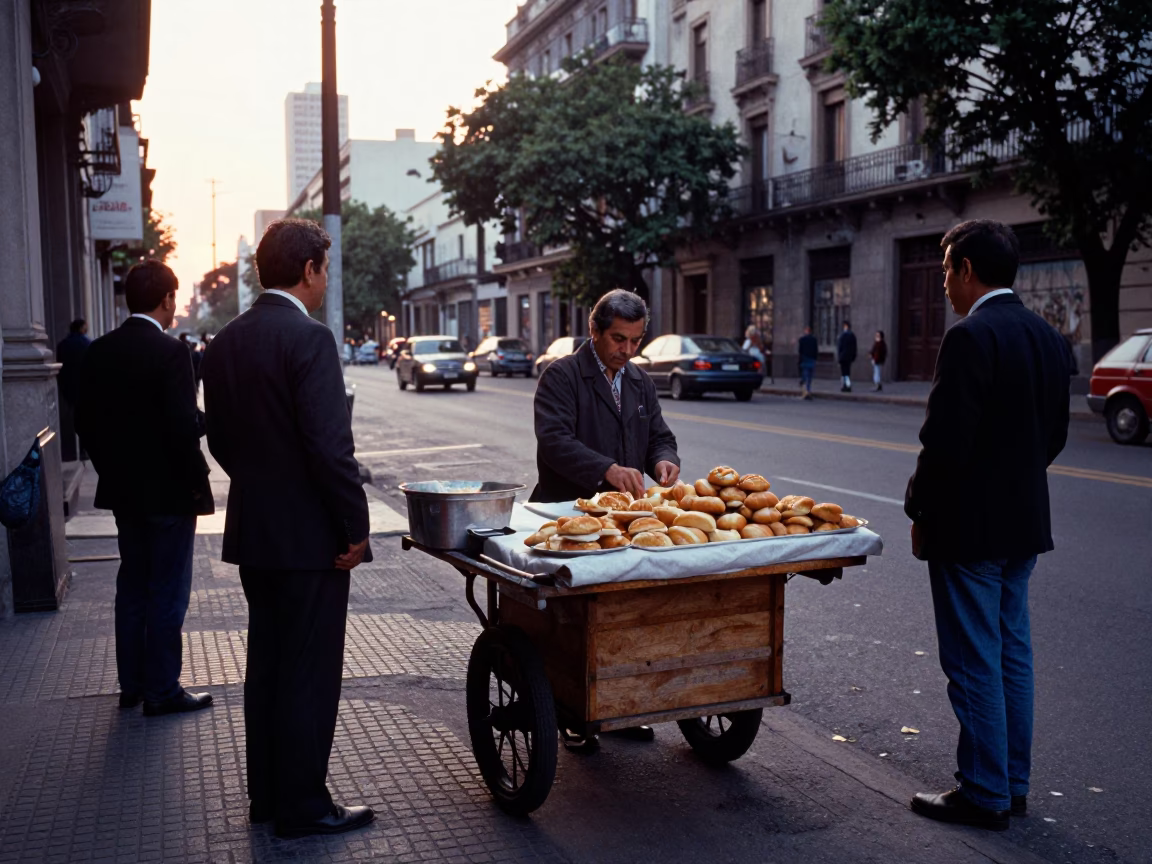 Early Morning Street Vendor in Buenos Aires Argentina Selling Fresh Pastries to Commuters in in Buenos Aires, Argentina