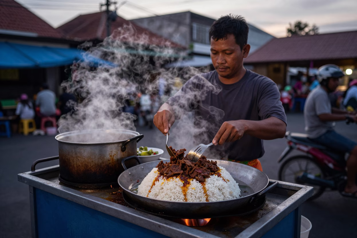 Early Morning Street Vendor in Denpasar Indonesia Preparing Beef Rendang and Rice Before Dawn in in Denpasar, Indonesia