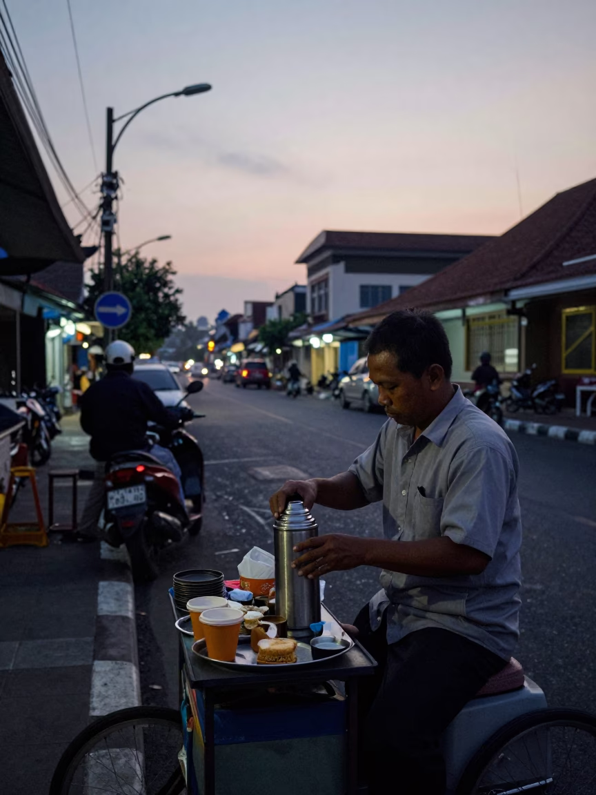 Early Morning Street Vendor in Denpasar Indonesia Selling Coffee and Snacks Before Dawn in in Denpasar, Indonesia