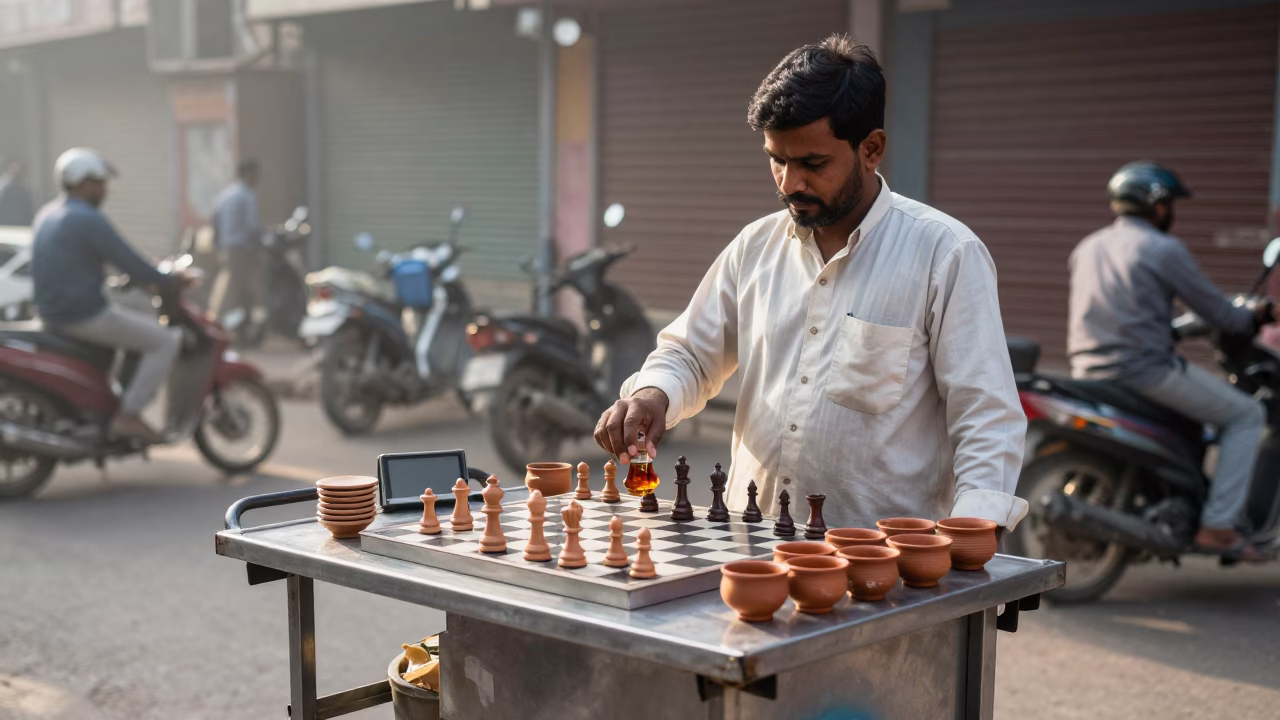 Early Morning Street Vendor in Hyderabad India Serving Tea with Chess Clock in in Hyderabad, India