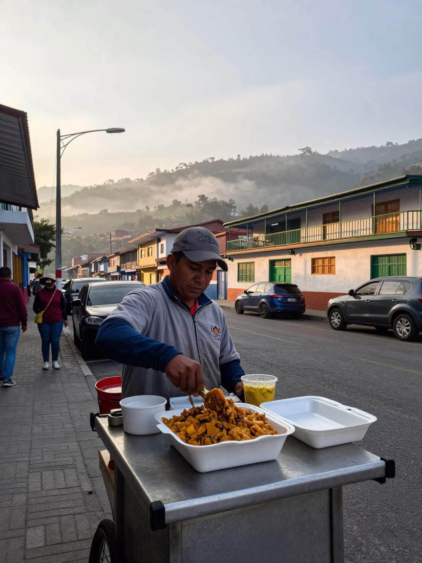Early Morning Street Vendor in Medellin Colombia Selling Bunny Chow Curry in in Medellin, Colombia