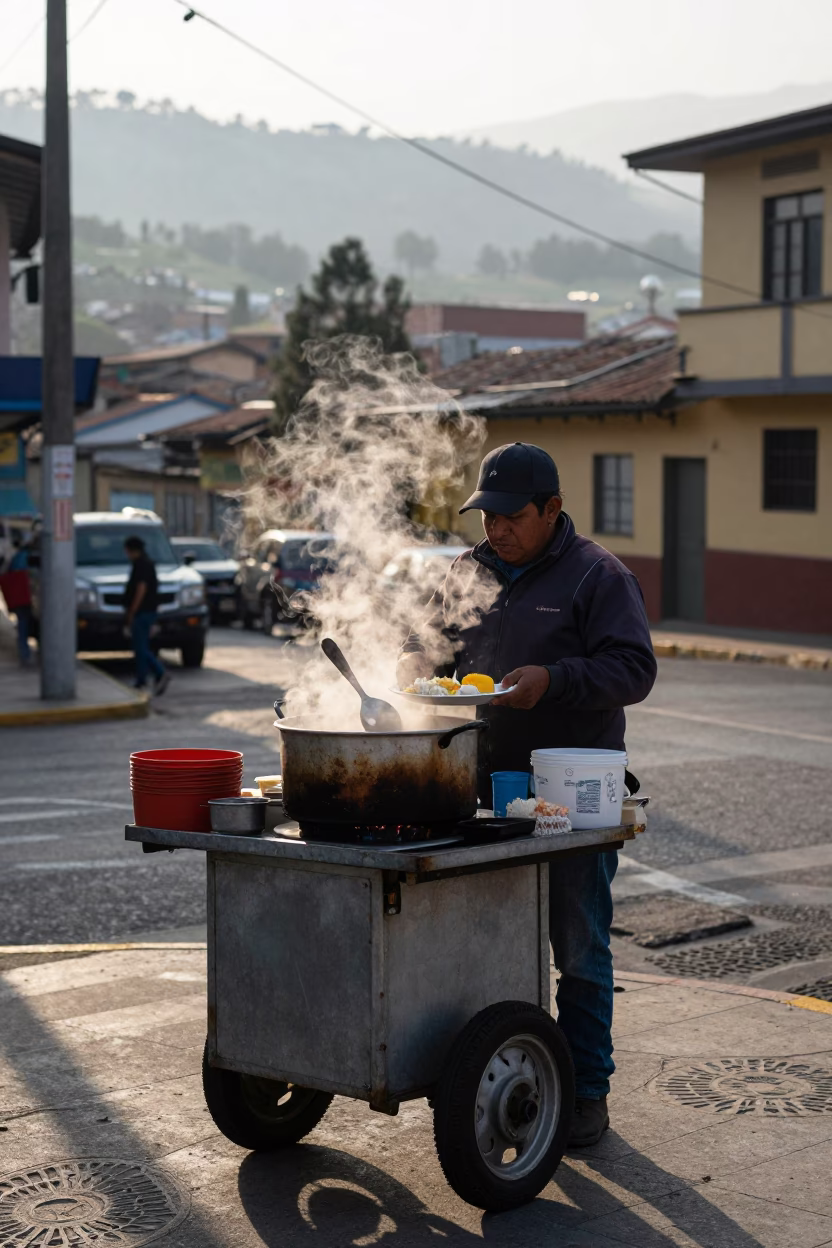 Early Morning Street Vendor in Medellin Colombia Serving Breakfast Near Cable Car Station in in Medellin, Colombia