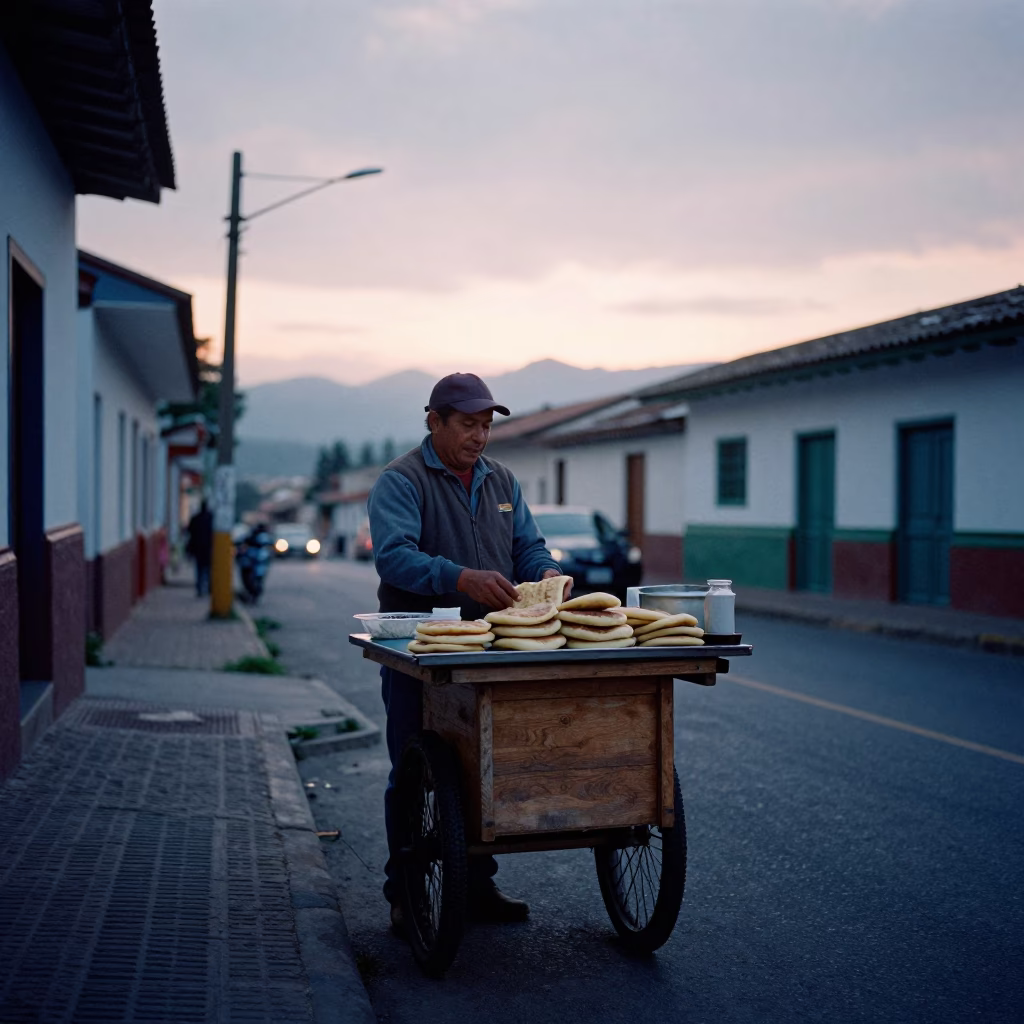 Early Morning Street Vendor in Medellin Colombia Serving Fresh Arepas Before Sunrise in in Medellin, Colombia