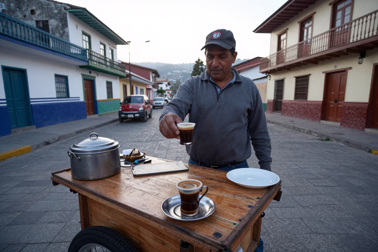 Early Morning Street Vendor in Medellin Colombia Serving Turkish Coffee with Foam in in Medellin, Colombia