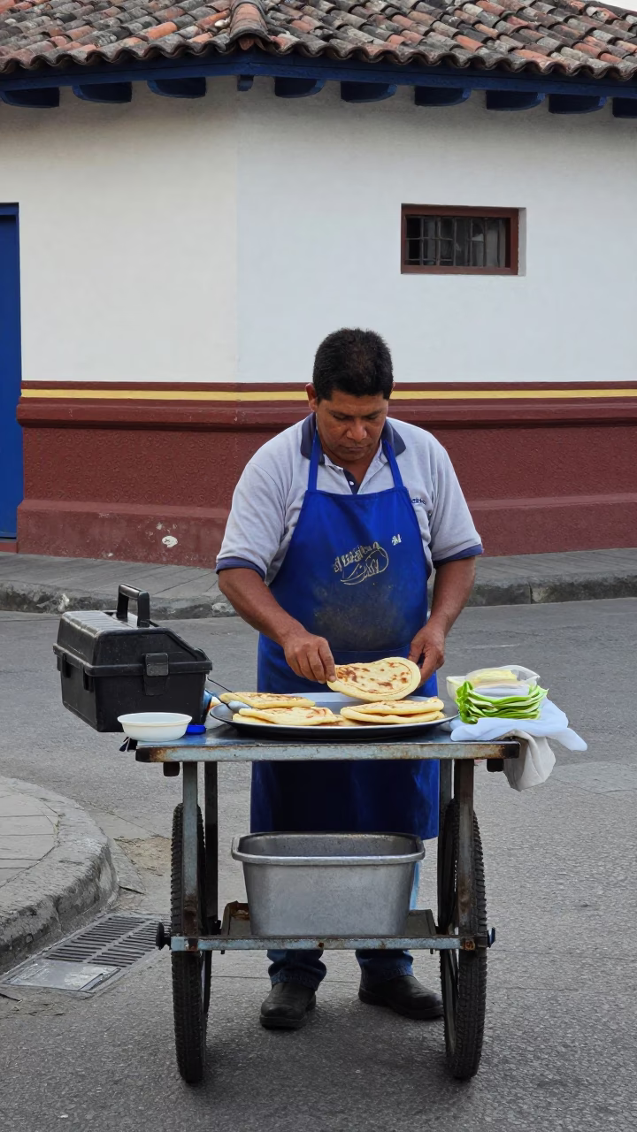 Early Morning Street Vendor in Medellin Colombia with Toolbox and Apron in in Medellin, Colombia