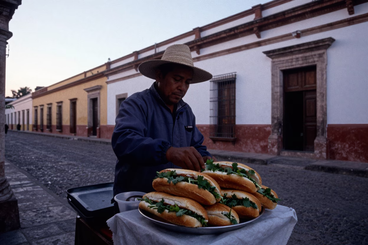 Early Morning Street Vendor in Merida Mexico Selling Fresh Vietnamese Banh Mi Before Dawn in in Merida, Mexico