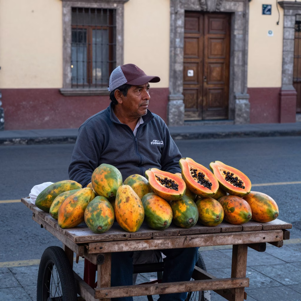 Early Morning Street Vendor in Mexico City Selling Papayas and Fresh Fruit in in Mexico City, Mexico