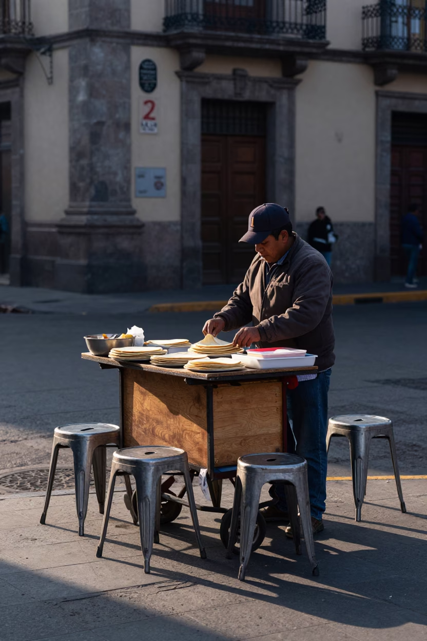 Early Morning Street Vendor in Mexico City with Metal Stools and Broom in in Mexico City, Mexico