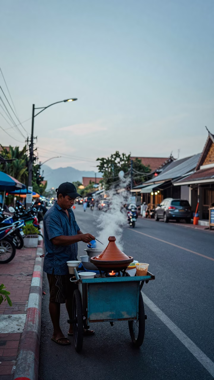 Early Morning Street Vendor in Phuket Thailand with Steaming Tagine and Local Morning Light in in Phuket, Thailand