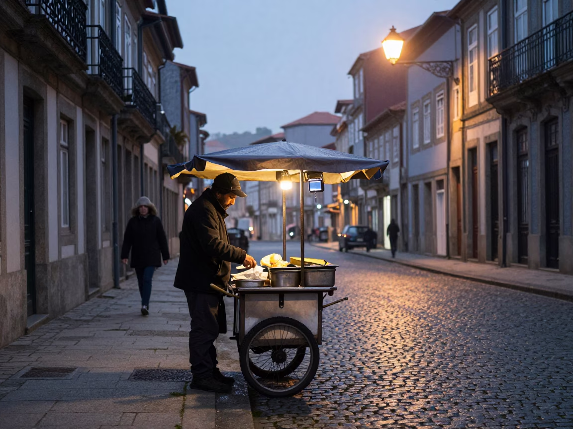 Early Morning Street Vendor in Porto Portugal Before Dawn Lantern Light in in Porto, Portugal
