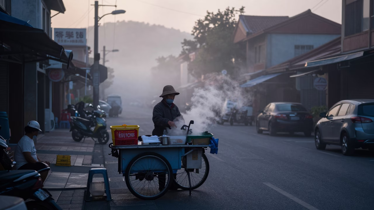 Early Morning Street Vendor in Tainan Taiwan Pre-Sunrise Mist and Local Breakfast Scene in in Tainan, Taiwan