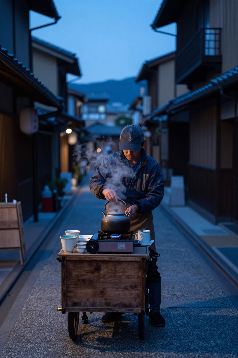 Early Morning Street Vendor Preparing Tea in Traditional Kyoto Alley Before Dawn in in Kyoto, Japan