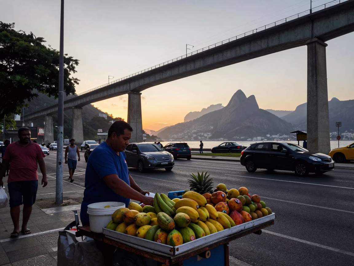 Early Morning Street Vendor Scene in Rio de Janeiro Brazil with Railway Viaduct Arches in in Rio de Janeiro, Brazil