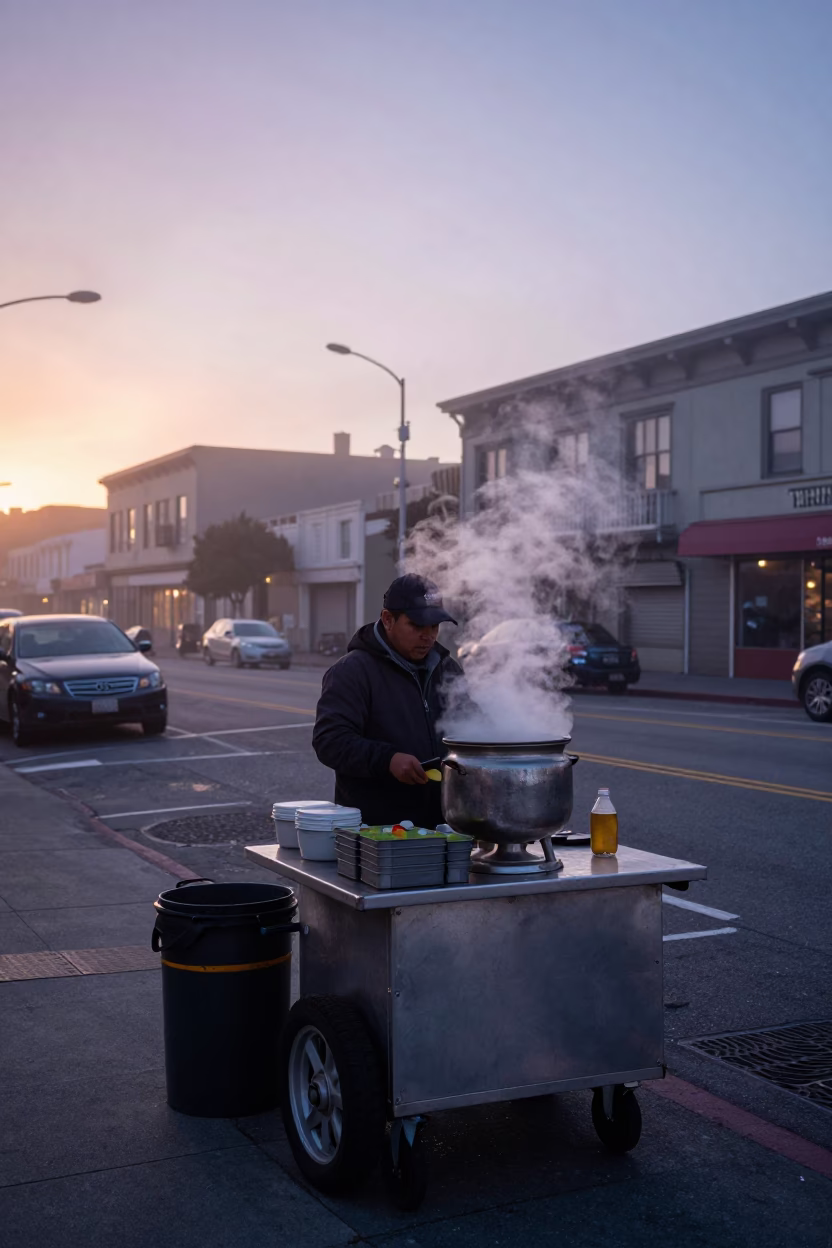 Early Morning Street Vendor Scene in San Francisco Before Dawn with Coffee and Newspaper in in San Francisco, California, United States