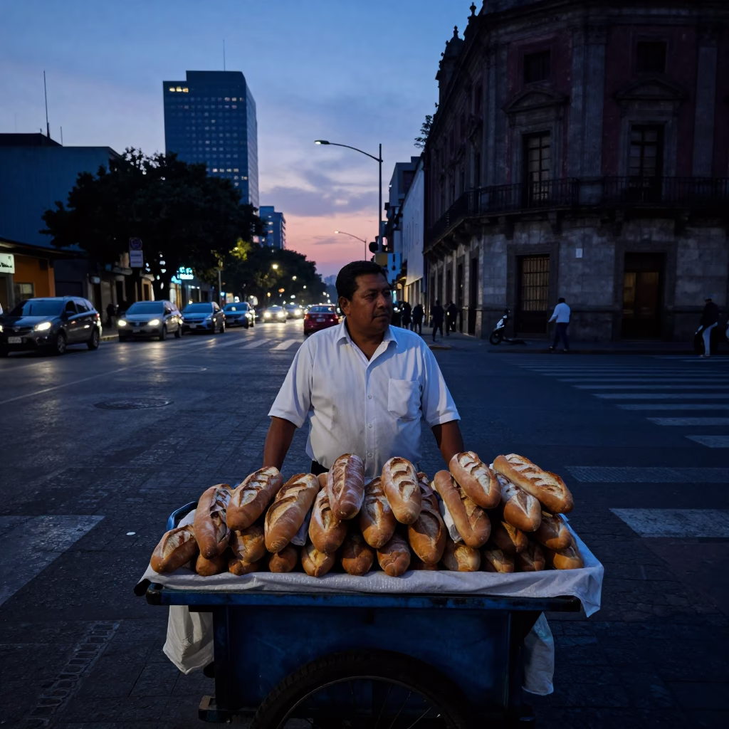 Early Morning Street Vendor Selling Fresh Baguettes in Mexico City Before Sunrise in in Mexico City, Mexico