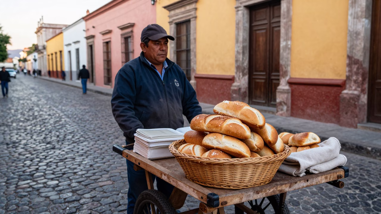 Early Morning Street Vendor Selling Fresh Bread and Squash Blossoms in Oaxaca Mexico in in Oaxaca, Mexico