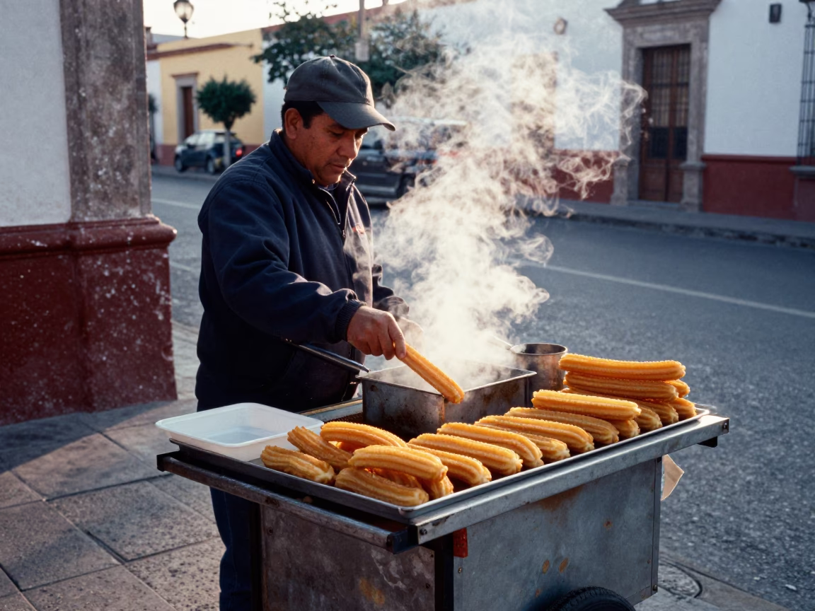 Early Morning Street Vendor Selling Fresh Churros and Chocolate Sauce in Guadalajara Mexico in in Guadalajara, Mexico