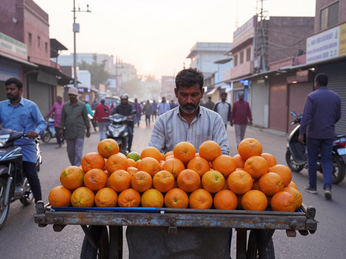 Early Morning Street Vendor Selling Fresh Fruit in Jaipur India at Dawn in in Jaipur, India