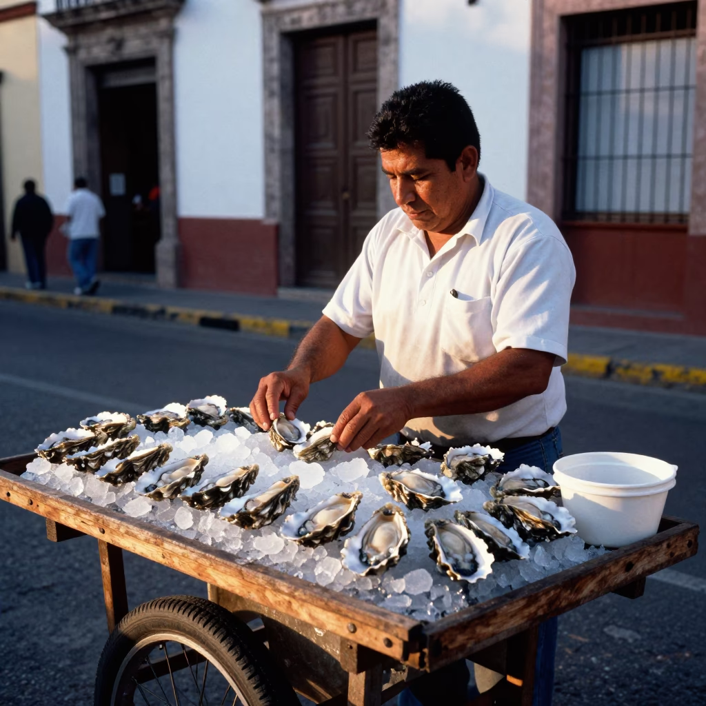 Early Morning Street Vendor Selling Fresh Oysters on Ice in Guadalajara Mexico in in Guadalajara, Mexico