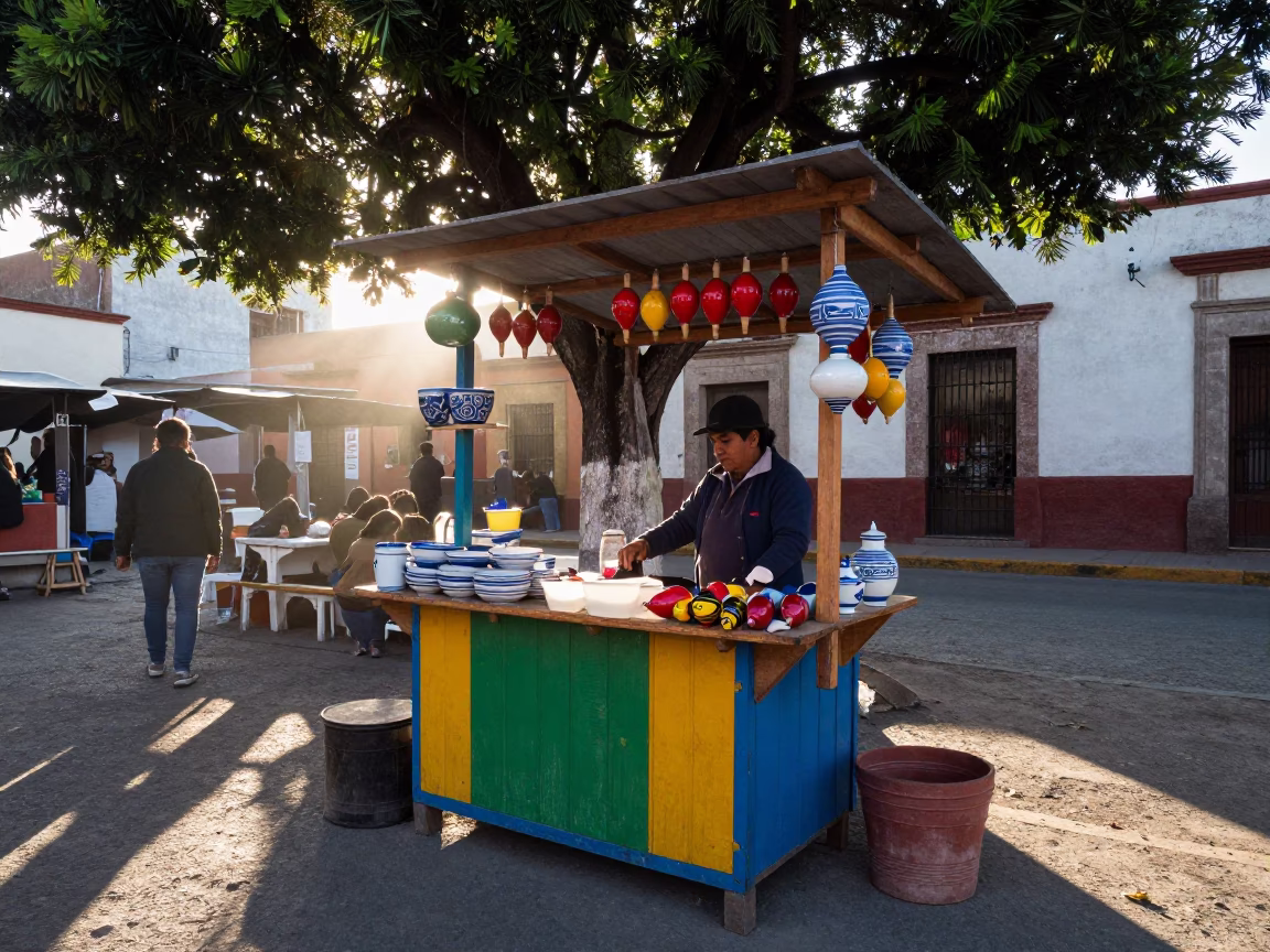 Early Morning Street Vendor Selling Maracas and Ceramic Pots in Guadalajara Mexico in in Guadalajara, Mexico