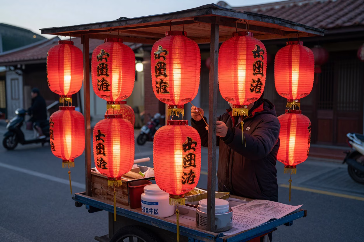 Early Morning Street Vendor Selling Red Lanterns in Tainan Taiwan in in Tainan, Taiwan