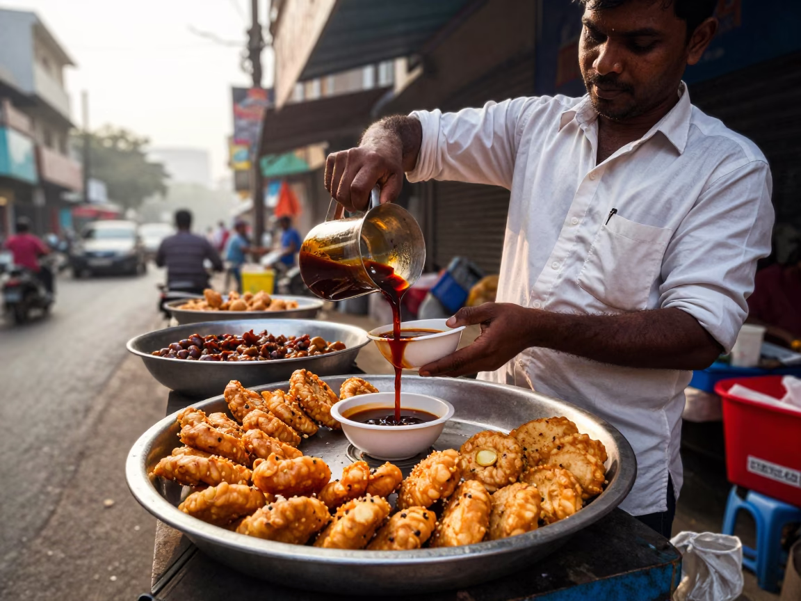 Early Morning Street Vendor Serving Chaat with Tamarind Chutney in Chennai India in in Chennai, India