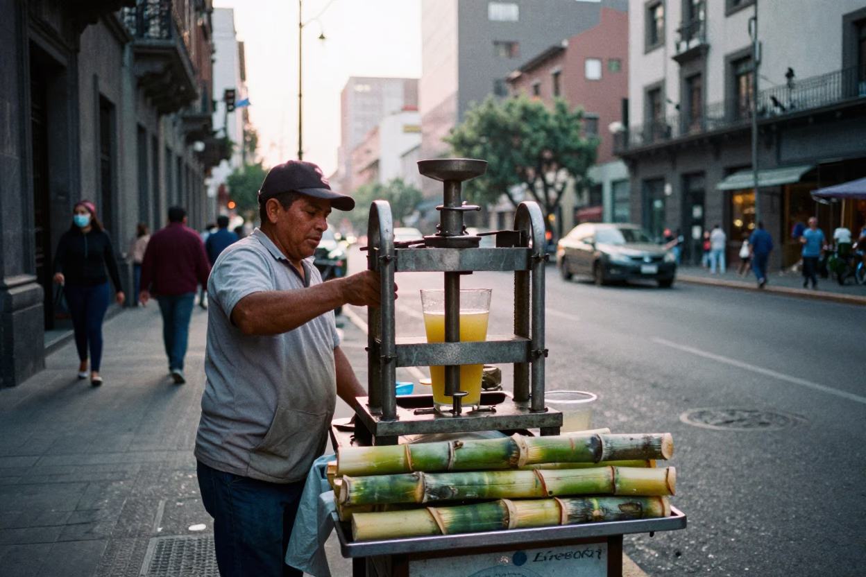 Early Morning Street Vendor Serving Fresh Sugarcane Juice in Mexico City in in Mexico City, Mexico