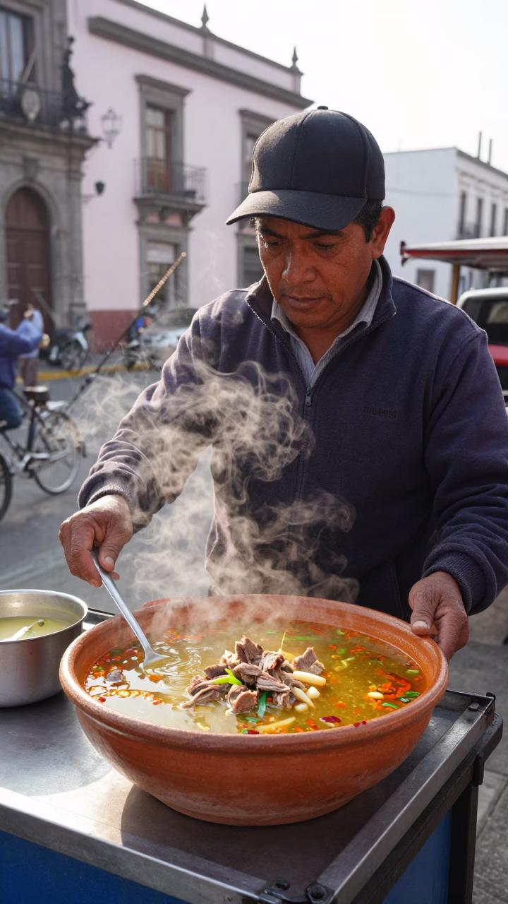 Early Morning Street Vendor Serving Goat Meat Soup in Mexico City Plaza in in Mexico City, Mexico
