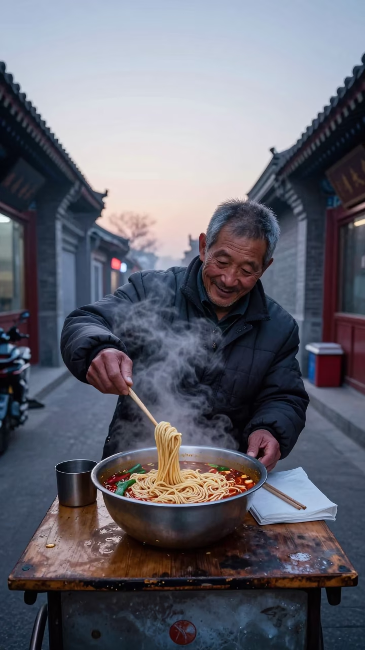 Early Morning Street Vendor Serving Hot Noodles in Beijing Alleyway Before Dawn in in Beijing, China