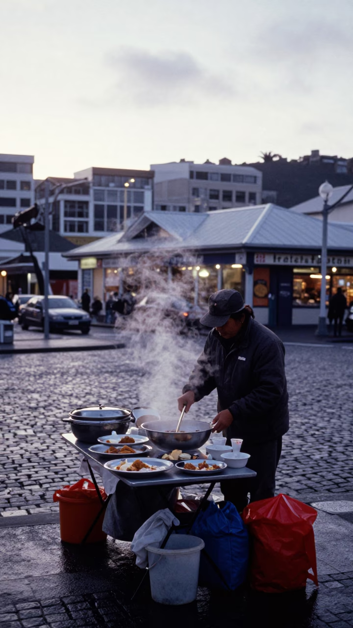 Early Morning Street Vendor Setup in Wellington New Zealand Before Sunrise in in Wellington, New Zealand